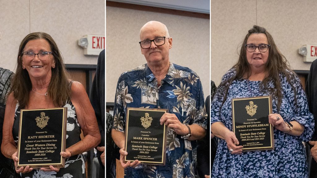 Pictured (left to right): Katy Hall, Kitchen Staff and Banquet Coordinator; Mark Spencer, Custodian; and Mindy Stufflebeam, Financial Aid Specialist.