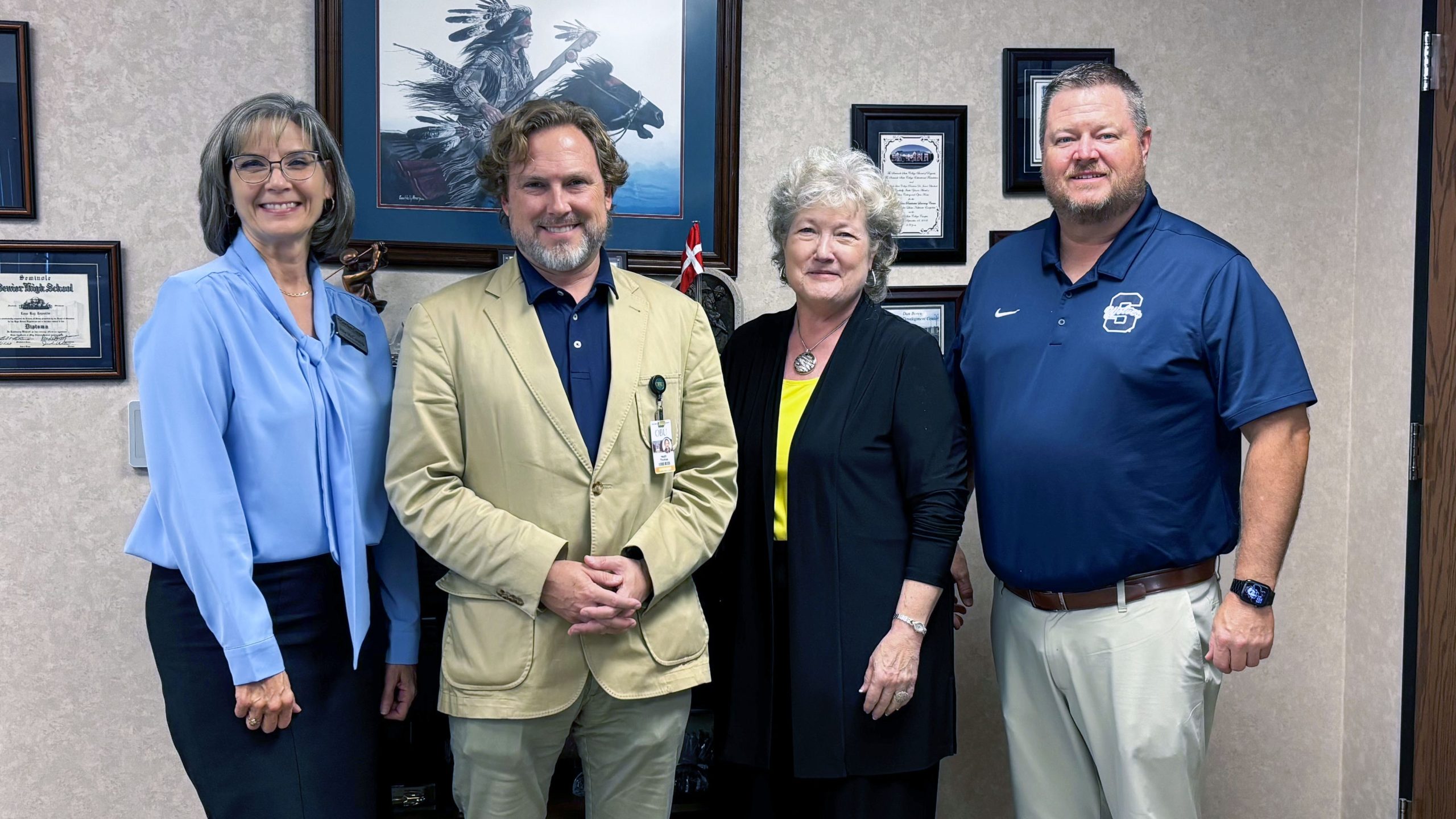 Dr. Jason James (far right), recently named superintendent of Shawnee Public Schools, joins (left to right) Gordon Cooper Technology Center Superintendent Julie McCormick, Oklahoma Baptist University President Dr. Heath Thomas and SSC President Lana Reynolds for a group photo.