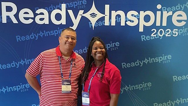 In this photo, Ben Little (left), Native American-Serving Nontribal Institutions (NASNTI) Student Success Specialist, and Alecia Bailey (right), NASNTI Computer Science Specialist at Seminole State College pose for a photo at the 1st annual Ready Inspire Conference hosted by Ready Education.
