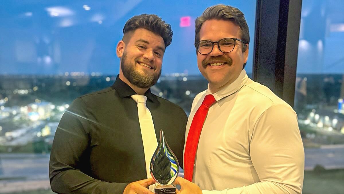 In this photo, SSC Web and Multimedia Coordinator Brooks Nickell (left) and SSC Director of Communications Josh Hutton (right) pose for a photo after winning Best of Show at the 2025 Oklahoma College Public Relations Association Annual Conference.
