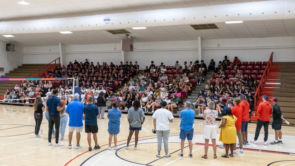 In this photo, SSC coaches, administrators, faculty and staff speak to 205 student-athletes during orientation on Aug. 18 inside the Raymond Harber Field House.