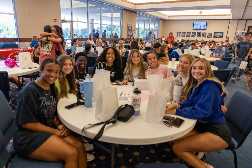 In this photo, incoming freshman at the 2024 SSC new student orientation pose for a group photo.