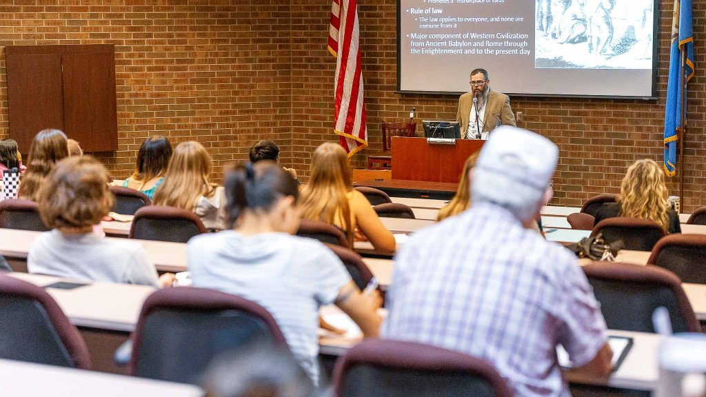In this photo, Seminole State College Professor of Government Jeffrey Christiansen addresses a packed audience during the College’s annual Constitution Day event on Sept. 17 in the Enoch Kelly Haney Center Lecture Hall.