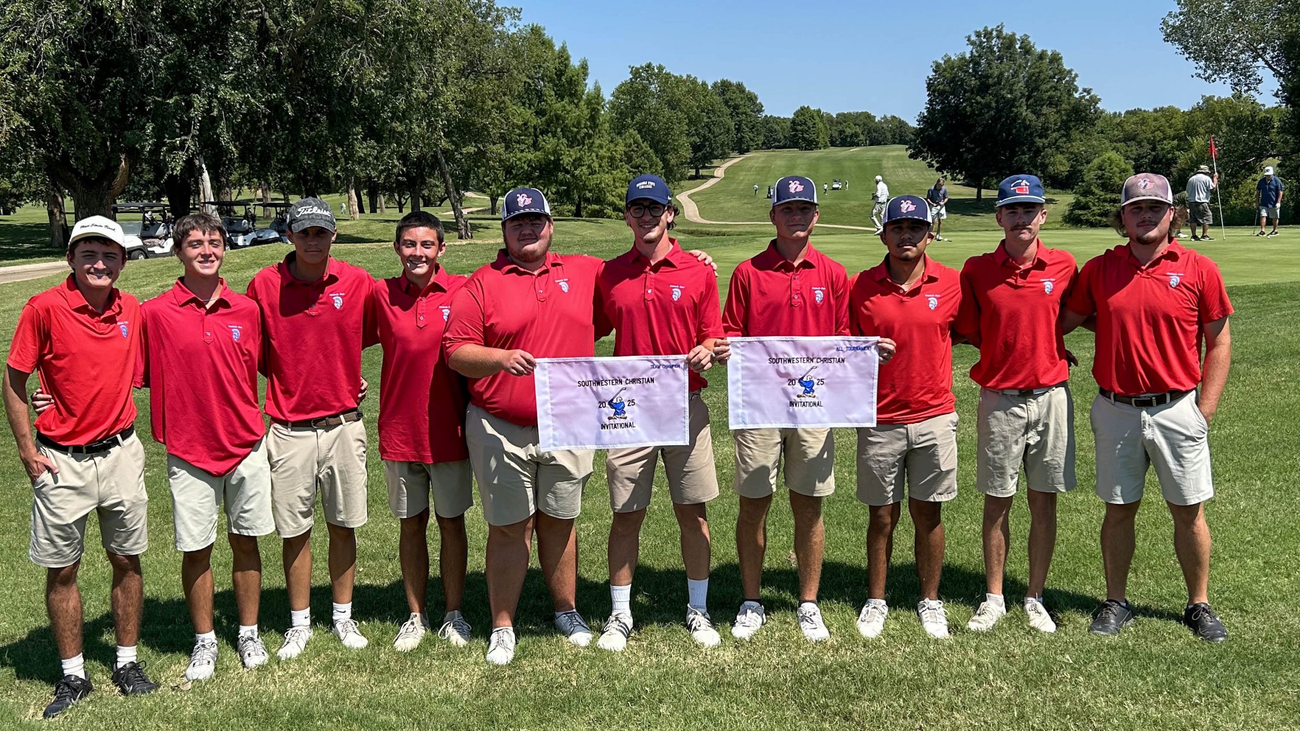 In this photo, the Seminole State College men’s golf team pose for a photo after a first-place finish at the Southwestern Christian Invitational. Pictured (left to right): Colt Moore of Haskell, Texas, Eli Coleman of Choctaw, Joseph Williams of Sutton Coldfield, England, Corey Boles of Choctaw, Cayden Sherwood of Cushing, Quinlan Guenard of Court-Saint, Belgium, Bryson Parker of Purcell, Koda Chavez of Cushing, Cooper Mercer of Fort Worth, Texas, Ethan Robbin of Spiro.