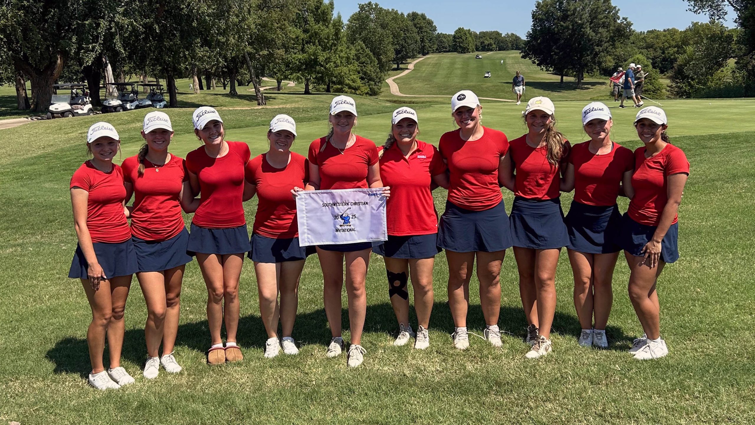 In this photo, the SSC women’s golf team pose for a photo after a second-place finish at the Southwestern Christian Invitational. Pictured (left to right): Rylee Cummins of Clinton, Audrey Cooper of Fort Gibson, Addison McAlister of Midwest City, Chelsea Powell of Edmond, Peyton Black of Midwest City, Katelyn Rigsby of Fort Gibson, Addyson Larman of Washington, Avery Wharton of Wilson, Renee Friend of Seminole, Shelby Ellis of Oklahoma City.