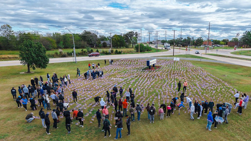 In this photo, Seminole State College students and employees plant American flags near the intersection of Highways 9 and 3 on Oct. 29 in Seminole. The display honors veterans and precedes SSC’s third annual Military and Veteran Resource Fair on Nov. 6 from 9 a.m. to 3 p.m. in the Utterback Ballroom.