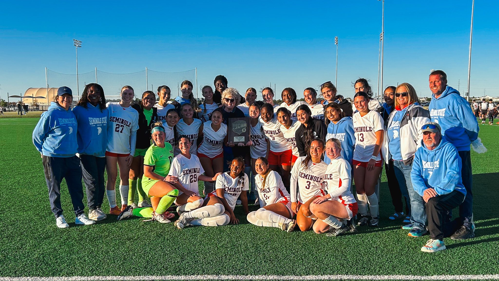 In this photo, The Seminole State College women’s soccer team poses for a photo after winning the NJCAA Central Plains District Tournament on Saturday, Nov. 1, at the Advance Soccer Complex in Enid. The victory sends the Trojans to the NJCAA Division I Women’s Soccer National Championship tournament.