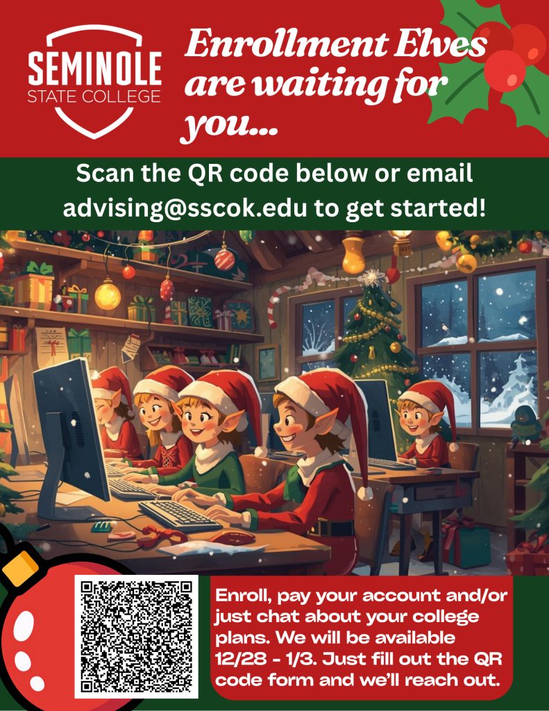 Flyer with elves on a computer.