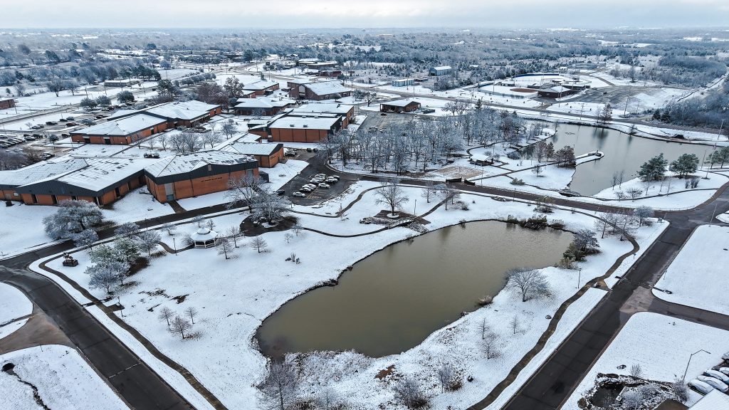 In this photo, an ariel view of the Seminole State College campus is shown with snow covering the grounds.