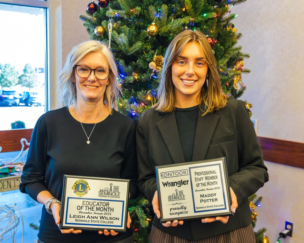 In this photo, Recruitment Specialist and the Staff Member of the Month Maddy Potter (right) and Faculty Member of the Month, Assistant Professor of Life Science Leigh Ann Wilson (left) pose for a photo.