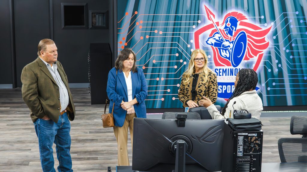 In this photo, Seminole State College Board of Regents members tour the Esports Lab located in the Boren Library on campus. Pictured (l-r) Regents Curtis Morgan, Teresa Burnett, Robyn Ready and NASNTI Computer Science Specialist Alecia Bailey.