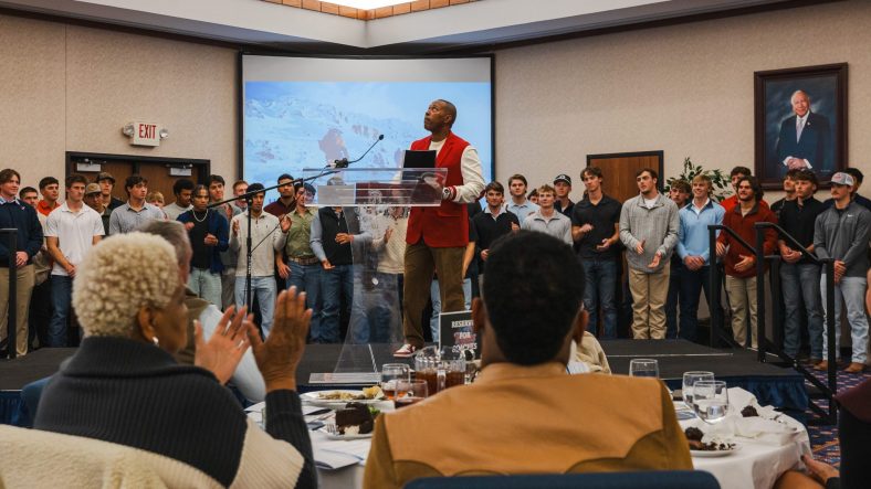 In this photo, SSC Head Baseball Coach Mack Chambers introduces the 2026 Trojans and shares a preview of the team’s upcoming season during the event.