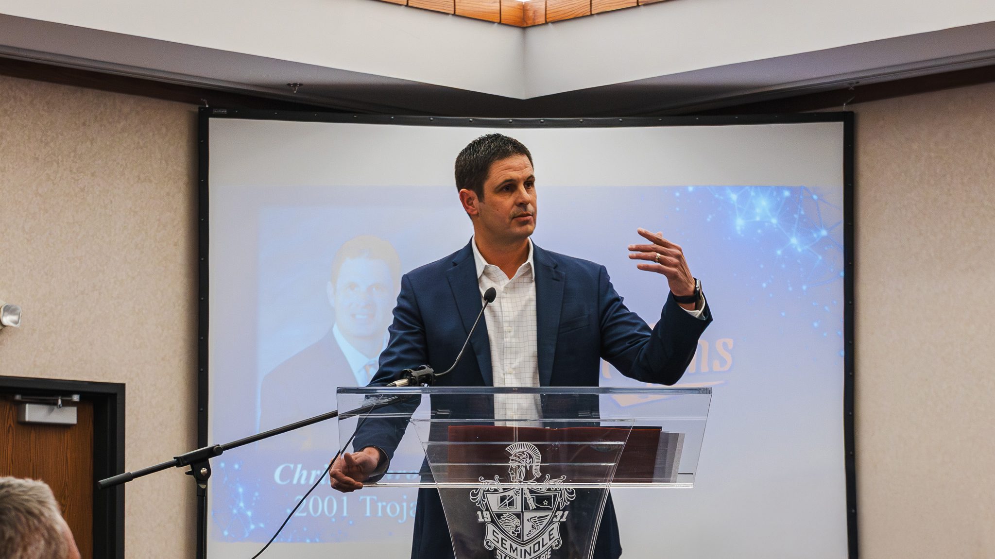In this photo, former Trojan baseball player and SSC Hall of Fame member Chris Schroder addresses attendees during Seminole State College’s annual Trojan First Pitch Banquet Jan. 31 in the Enoch Kelly Haney Center.