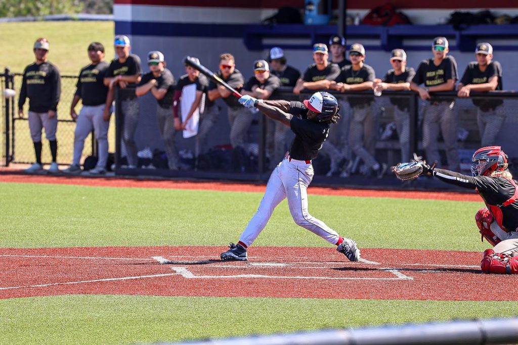 In this photo, Denim Harris is shown up to bat during a 2025 Seminole State College baseball game.