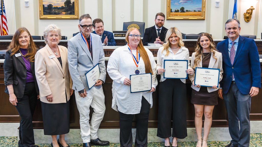 In this photo, posing for a group picture from left to tight are OACC Executive Director Dr. Cheryl Evans, SSC President Lana Reynolds, William Heard of Konawa, Laura Suthers of Earlsboro, Gracie Gates of Seminole, Kaitlyn Smith of Shawnee and Oklahoma State Regents for Higher Education Chancellor Sean Burrage.