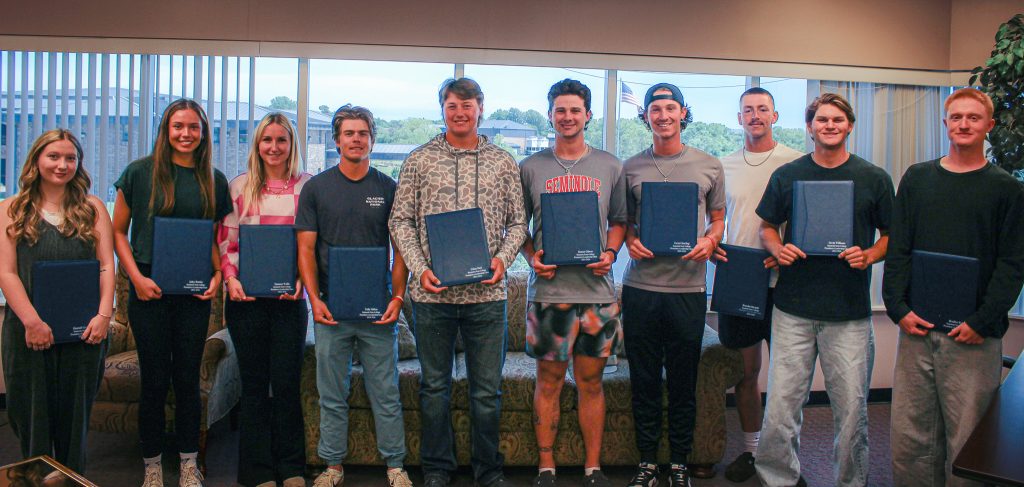 In this photo, pictured left to right, Hannah Upchurch, Seminole; Jailey Battles, Sapulpa; Summer Wallis, Paden; Tully Gildon, Maumelle, AR; Ethan Rich, Prague; Hunter Gibson, Cashion; Carter Sterling, Edmond; Brayden Harpole, Burburnett, TX; Gavin Williams, Edmond; and Bradley Ruby, Oklahoma City pose for a group photo.