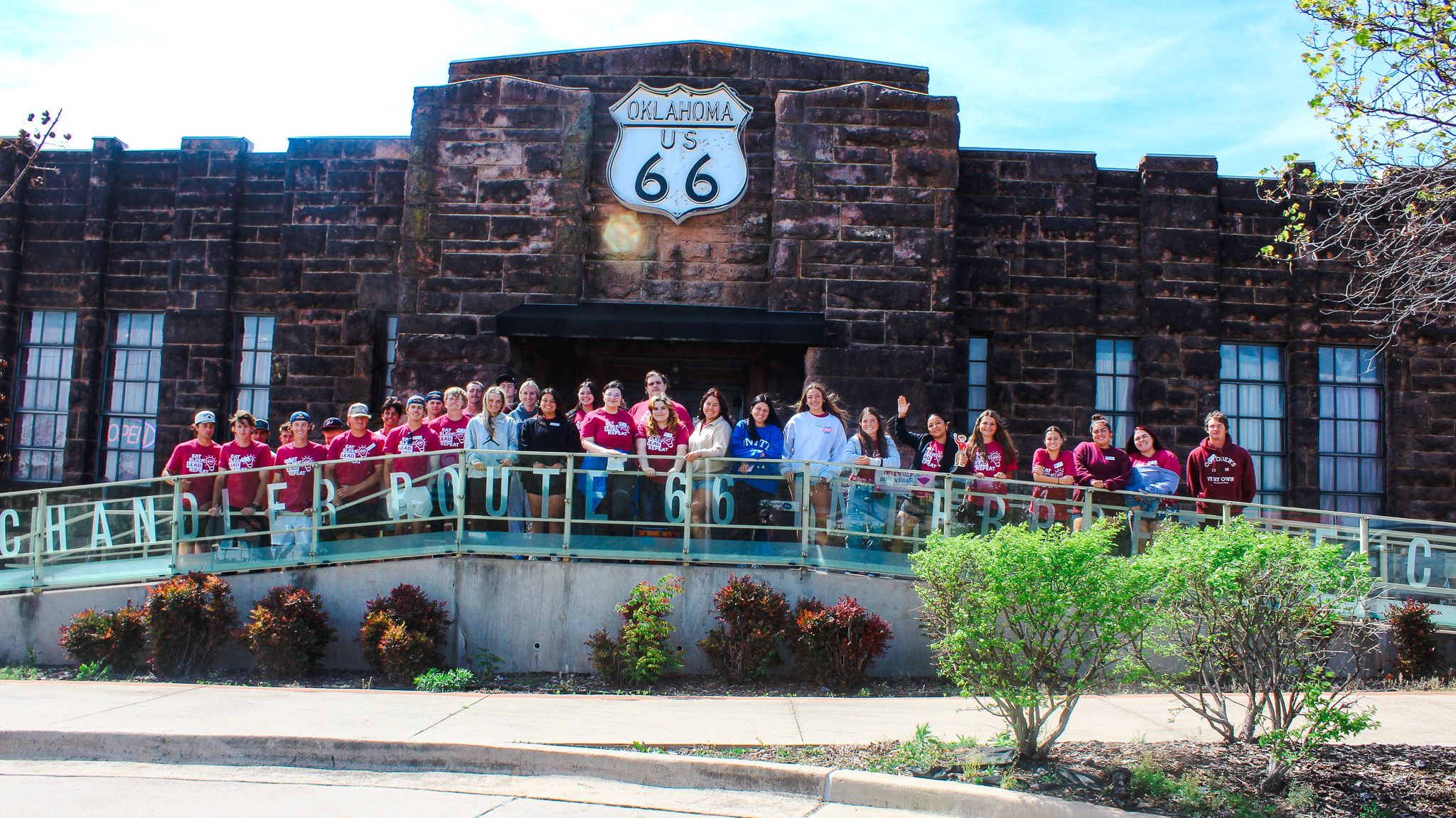 In this photo, Seminole State College President’s Leadership Class students pose in front of the Route 66 Interpretive Center in Chandler, OK.