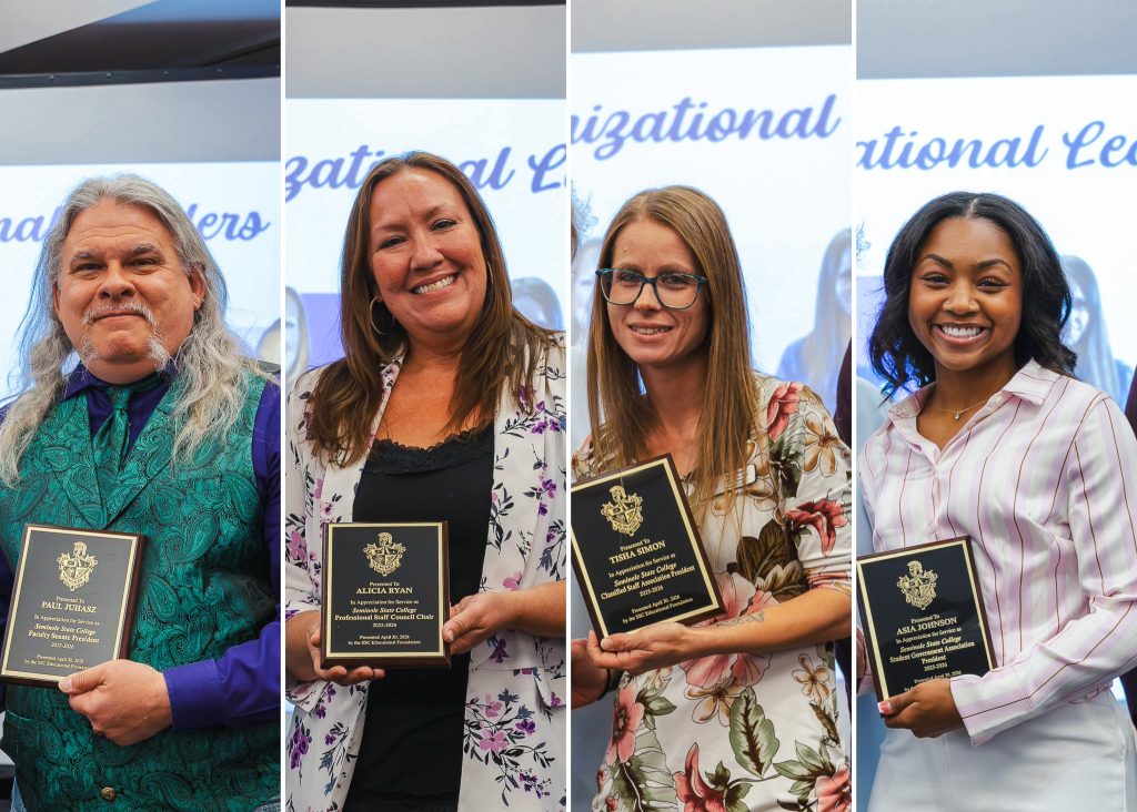 In this photo, Seminole State campus organizational leaders pose for photos with their awards. Pictured left to right are: Paul Juhasz, Faculty Senate President; Alicia Ryan, Professional Staff Council Chair; Tisha Simon, Classified Staff Association President; and Asia Johnson, Student Government Association President.