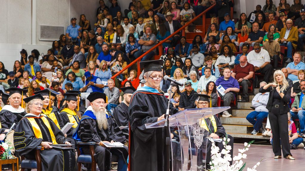 This photo shows Seminole State College Board of Regents Chair Marci Donaho as she delivers the keynote address during SSC's 93rd Commencement Ceremony
