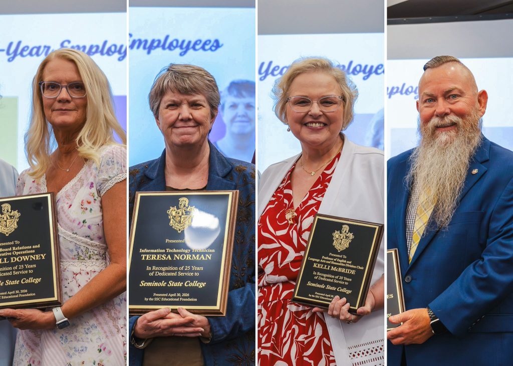 In this photo are employees recognized for their milestones of service. Pictured left to right are: Mechell Downey, Director of Board Relations and Administrative Operations, 25 years; Teresa Norman, IT Technician, 25 years; Kelli McBride, Assistant Professor of English and Language Arts and Humanities Division Chair, 20 years; and Dr. Bill Knowles, Vice President for Academic and Student Affairs, 20 years.
