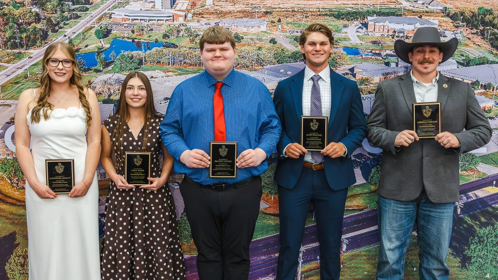 In this photo, five Outstanding Students recognized by Seminole State College pose for a photo. Pictured left to right are: Savannah Averitt, Business and Education; Lilly Jones, Health Sciences; Braden Young, Language Arts and Humanities; Gavin Williams, Science, Technology, Engineering and Mathematics; and Christian Herlehy, Social Sciences. 