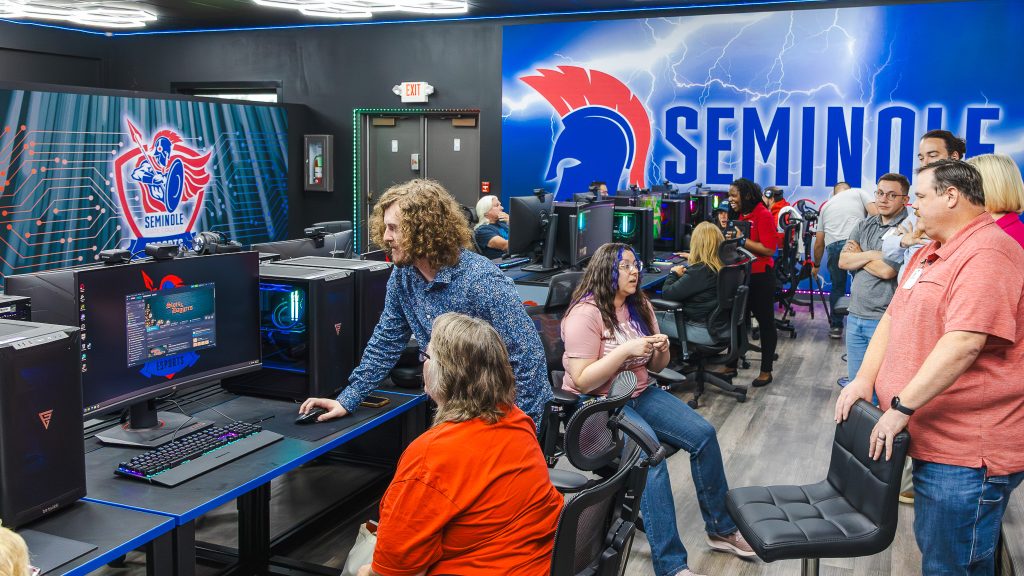 In this photo, Seminole State College faculty and staff tour the new Esports Lab during a workshop hosted Thursday, June 4 by the Native American Serving Non-Tribal Institutions federal grant program.