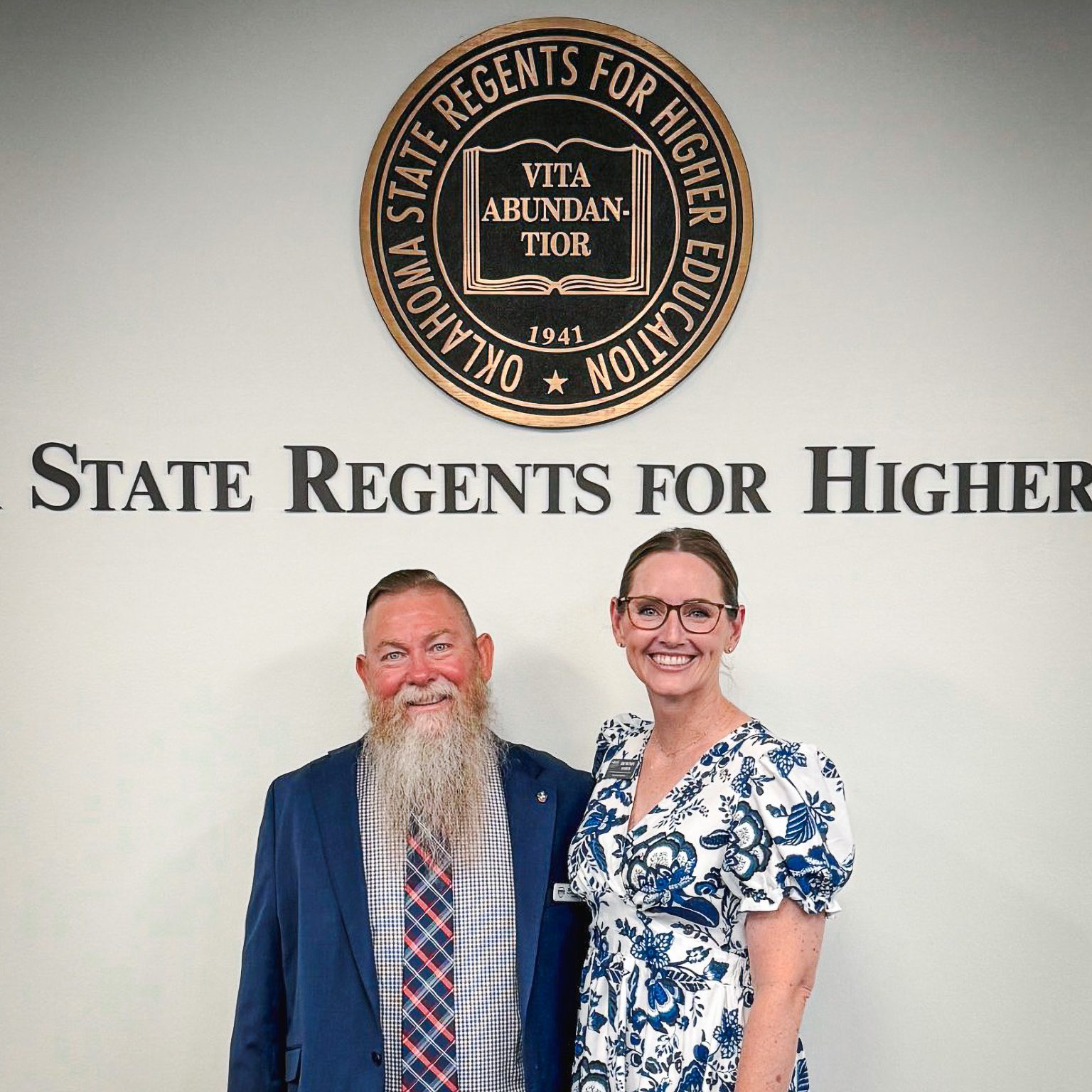 In this photo, Southwestern Oklahoma State University Dean of Students Dr. Wendy Yoder, past chair of the Oklahoma State Regents for Higher Education’s Council on Student Affairs, congratulates Seminole State College Vice President for Academic and Student Affairs Dr. Bill Knowles on being named COSA chair for 2026-27. Knowles has served SSC for 20 years and is an SSC alumnus. Knowles will begin his term as COSA chair at the council’s July meeting.