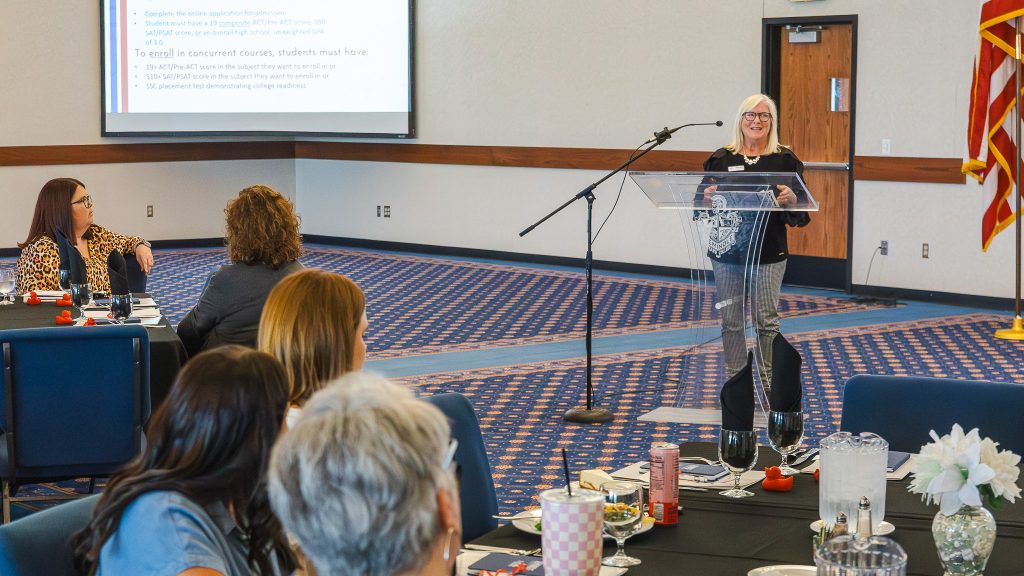 In this photo, Seminole State College Academic Advisor Cindy Nolen speaks to local high school administrators and counselors during a June 4 workshop about the college’s new free concurrent scholarship initiative in the Enoch Kelly Haney Center.