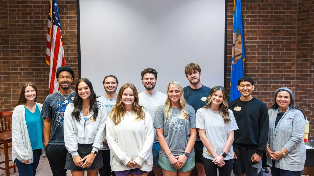 In this photo, members of Seminole State College’s newest Physical Therapist Assistant Program cohort pose for a group photo during their orientation. Pictured, from left, are Director of Clinical Instruction Dr. Alexus Thomas, Cepado Wilkins of Shawnee, Avery Burnett of Shawnee, Greg Quintana of McAlester, Abbigayle Price of Oklahoma City, Andrew Arden of Shawnee, Caitlyn Mack of Stillwater, Gus Arvidson of Oklahoma City, Chloe Stephenson of Tecumseh, Shaun Franks of Holdenville and PTA Program Director Dr. Shakira Stafford.
