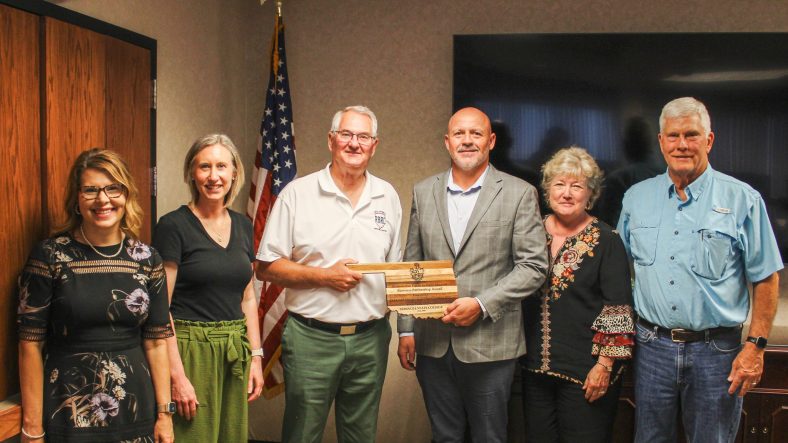 In this photo, posing as a group and pictured, from left, are Carla Tollett, CVEC Director of Communications and Member Engagement; Kim Pringle, SSC Director of Community Relations; Danny Morgan, SSC Rural Business and Resources Center Director; Josh Hold, CVEC CEO; SSC President Lana Reynolds; and Joe Semtner, CVEC Board President and District 6 Trustee.