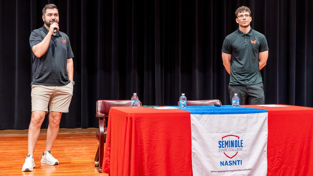 In this photo, USA Esports National Team Manager Daniel Clerke (left) and Maryville University senior Nick Wiseman (right) give a presentation at Seminole State College.
