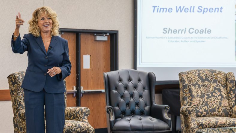 In this photo, Former University of Oklahoma Women’s Basketball Head Coach Sherri Coale delivers her keynote, “Time Well Spent,” during Seminole State College’s fall in-service on Aug. 12 in the Enoch Kelly Haney Center’s Utterback Ballroom.