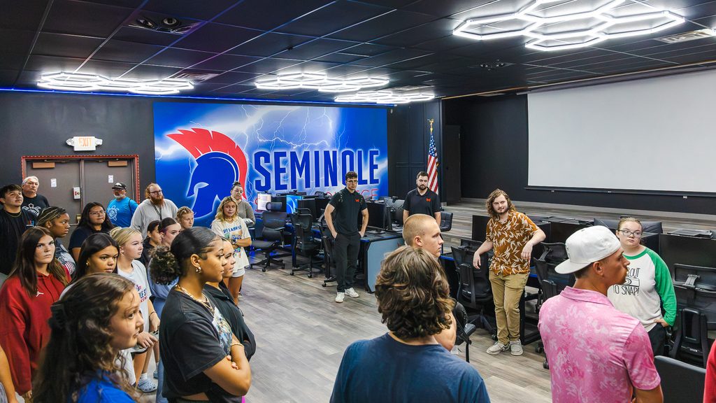 In this photo, USA Esports National Team Manager Daniel Clerke and Maryville University senior Nick Wiseman interact with SSC students and employees in the College’s new Esports Lab on Aug. 27.