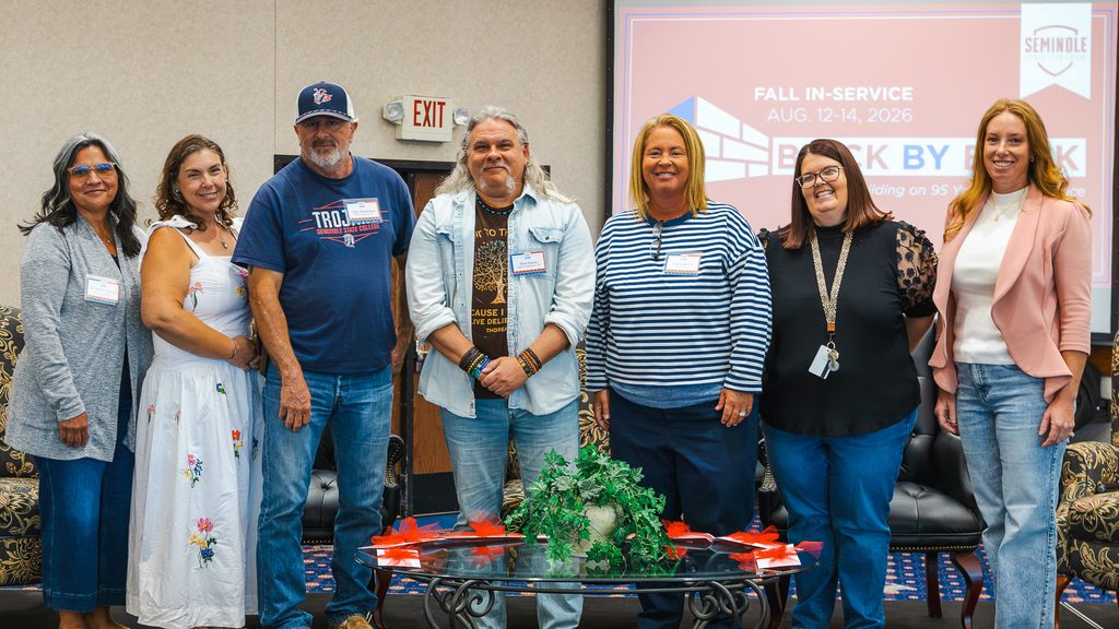 In this photo, Seven Seminole State College employees, who were recognized as “Legacy Builders” during the College’s annual Fall In-Service on Aug. 12, pose for a group photo. Pictured from left are Physical Therapist Assistant Program Director Dr. Shakira Stafford, Associate Professor of English and Distance Education Coordinator Dr. Mindy Choate, Director of Physical Plant Clint Robertson, Assistant Professor of English Paul Juhasz, Director of Athletics Leslie Sewell, Director of Enrollment Management Edie Cathey and Associate Professor of Agriculture Wendy Rich.