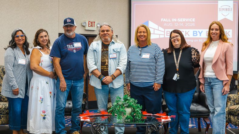 In this photo, Seven Seminole State College employees, who were recognized as “Legacy Builders” during the College’s annual Fall In-Service on Aug. 12, pose for a group photo. Pictured from left are Physical Therapist Assistant Program Director Dr. Shakira Stafford, Associate Professor of English and Distance Education Coordinator Dr. Mindy Choate, Director of Physical Plant Clint Robertson, Assistant Professor of English Paul Juhasz, Director of Athletics Leslie Sewell, Director of Enrollment Management Edie Cathey and Associate Professor of Agriculture Wendy Rich.