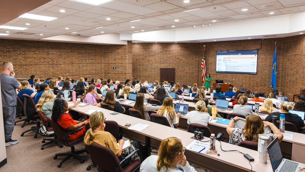 In this photo, Jennifer Hull, Elsevier digital sales representative, speaks to students during the Elsevier informational portion of the Seminole State College nursing orientation.