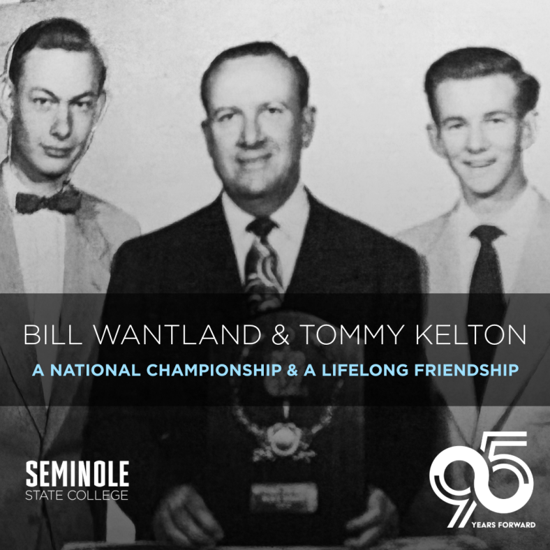 graphic showing Bill Wantland, Harland B. Mitchell, and Tommy Kelton after winning the 1952 national debate championship.