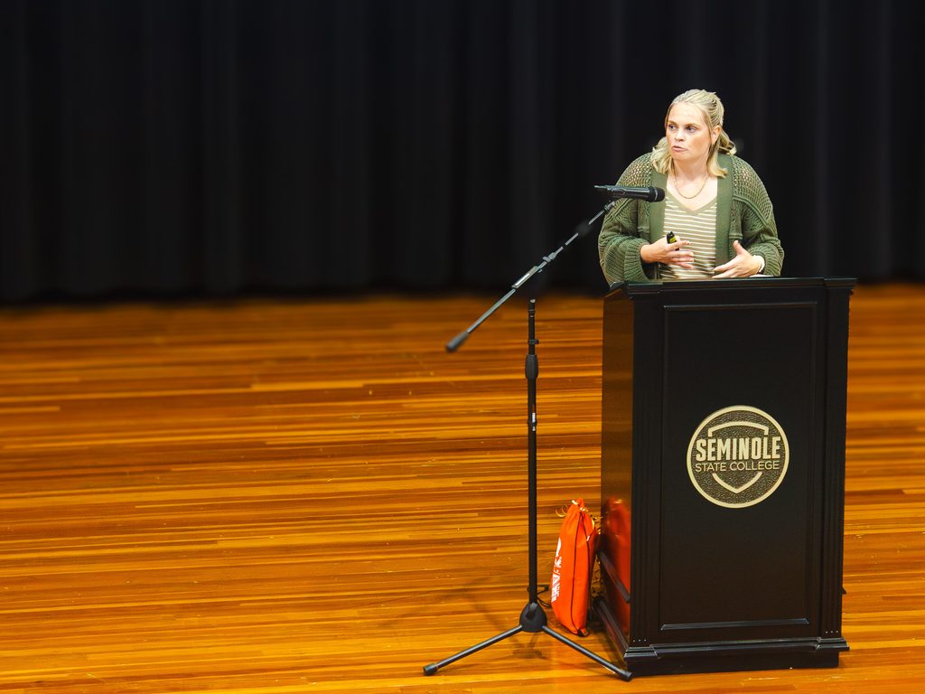In this photo, Lynde Gleason, Work Ready Shawnee program manager, speaks to students Sept. 23 in the Jeff Johnston Auditorium