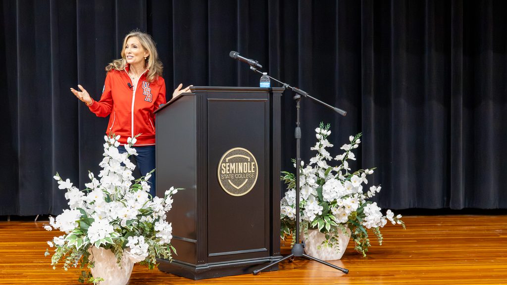 In this photo, Seven-time Olympic medalist, cancer survivor and health advocate Shannon Miller speaks to students, employees and community members at Seminole State College’s Jeff Johnston Fine Arts Auditorium.