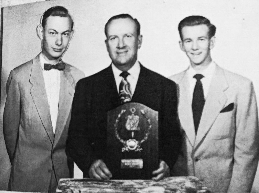 From left, Bill Wantland, Seminole High School Principal and Debate Coach Harland B. Mitchell and Tommy Kelton pose following the team’s 1952 national debate championship in Pueblo, Colorado. Mitchell holds a plaque from Phi Rho Pi, a national forensic fraternity, honoring the Seminole Junior College championship team.