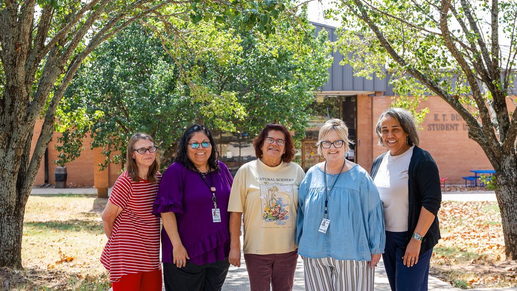 In this photo, pictured from left, Talent Search Advisor Amanda Thomas, TRIO Accounting Clerk Yahnah Factor, Talent Search Advisor Damaris Haney, Talent Search Director Karan O’Dor and Talent Search Advisor Rachelle Jones pose for a group photo.