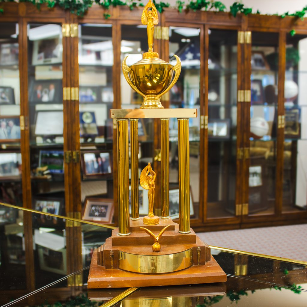 The 1952 national debate championship trophy won by Bill Wantland and Tommy Kelton for Seminole Junior College is displayed in Room 204 of the Enoch Kelly Haney Center on Seminole State College’s campus. Wantland donated the trophy to SSC in 2014.