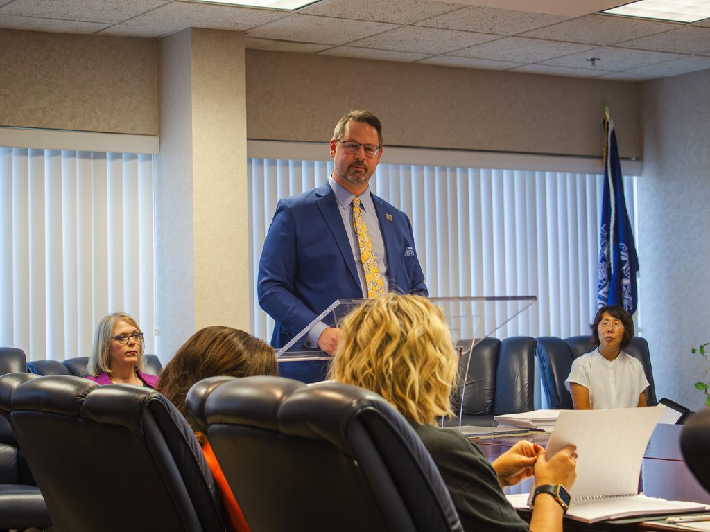 In this photo, Chance Allison of Finley & Cook CPAs presents Seminole State College’s fiscal year 2026 external audit to the Board of Regents during its Oct. 29 meeting in the Enoch Kelly Haney Center.