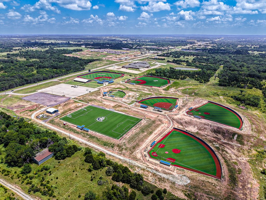 This photo shows an ariel view of the Brian Crawford Memorial Sports Complex. 