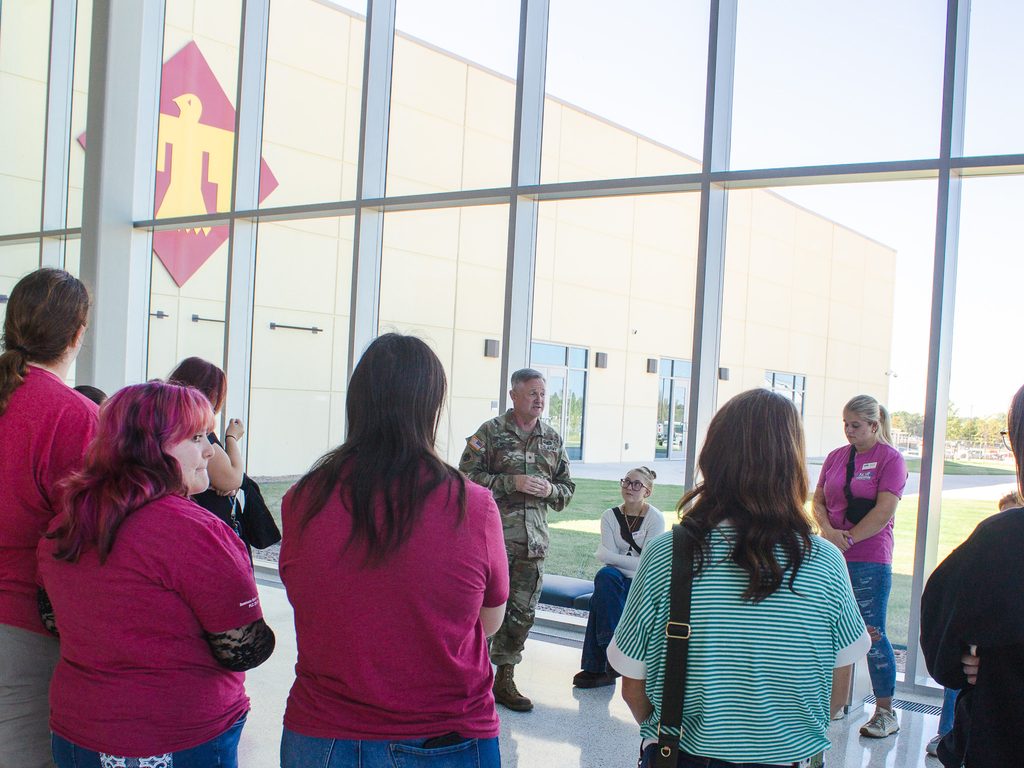 In this photo, Seminole City Attorney and Oklahoma Army National Guard Brig. Gen. Brad Carter visits with Seminole State College President's Leadership Class students during their tour of the Oklahoma National Guard Museum.