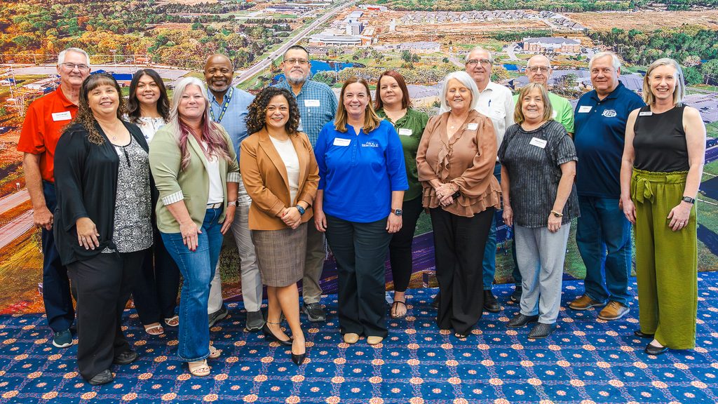 In this photo, City and chamber of commerce leaders from across the region pose for a group picture. Pictured, from left, are Danny Morgan, SSC Rural Business and Resources Center; Amy Britt, Seminole Chamber of Commerce; Tsanceria Hernandez, Gordon Cooper Technology Center; Kimberly Elliott, Tecumseh Chamber of Commerce; Clarence Prevost, Gordon Cooper Technology Center; Lucia Dickinson, Oklahoma State Regents for Higher Education; Bert Robison, Wes Watkins Technology Center; Samantha Stanfill, City of Seminole; Jessica Steele, City of Seminole; Theresa Barkhimer, City of Holdenville; Jim Greff, City of Prague; Roberta Davis, Holdenville Chamber of Commerce; Bob Pearman, City of Stroud; Jeff Stiner, City of Stroud; and Kim Pringle, Seminole State College. Others attending, but not pictured, were: Jared Cooper, Oklahoma Department of Commerce and Dana Reed, Wetumka/Wewoka ECO Family Center.