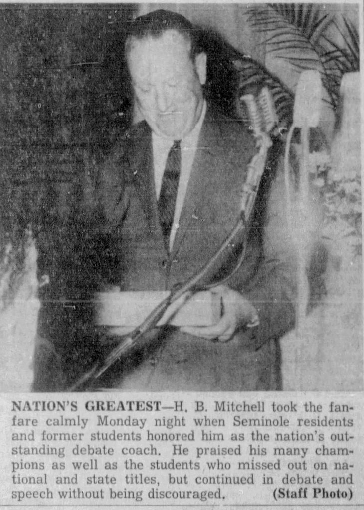Newspaper clipping from August 1960 when H.B. Mitchell was named the nation's most outstanding debate coach by the National Forensics League.