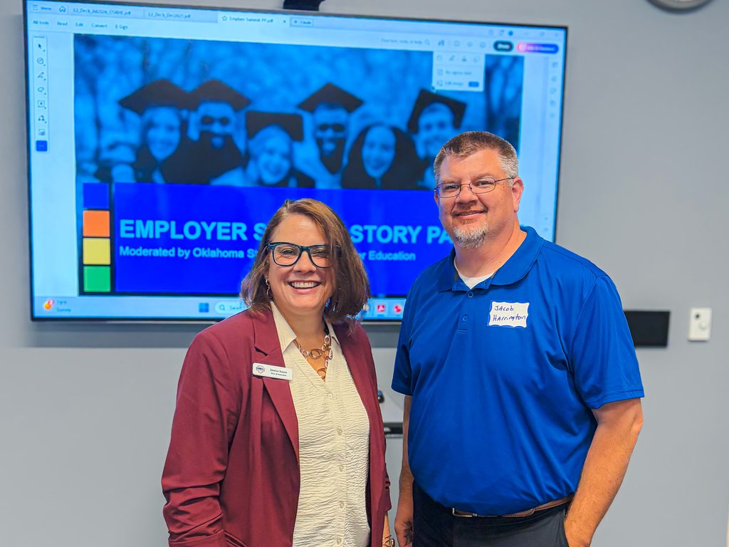In this photo, Seminole State College Dean of Instruction Jessica Isaacs and Business and Industry Coordinator Jacob Harrington pose for a picture while attending the Oklahoma State Regents for Higher Education and UpSkillOK Employer Microcredential Summit on Oct. 21 in Oklahoma City. 