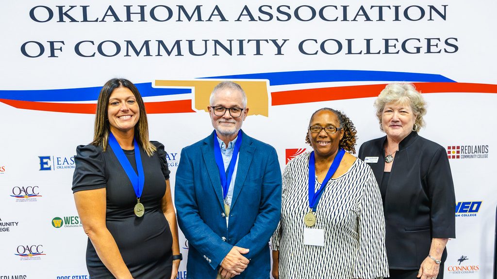 In this photo, Seminole State College employees recognized at the 59th annual Oklahoma Association of Community Colleges Conference pose for a photo. Pictured following the awards presentation, from left, are Professional Staff Member of the Year Erin Medley, Faculty Member of the Year Dr. Steve Bolin, Support Staff Member of the Year Carmen Wright and SSC President Lana Reynolds.