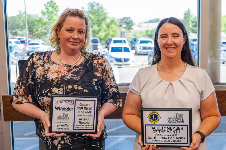In this photo, Seminole State College Office Manager Alisha Riojas, left, and Assistant Professor of Criminal Justice Dr. Brenda Prochaska pose for a photo after they were recognized during the Seminole Chamber of Commerce Forum on Oct. 8. Riojas was named Staff Member of the Month, and Prochaska was named Faculty Member of the Month.